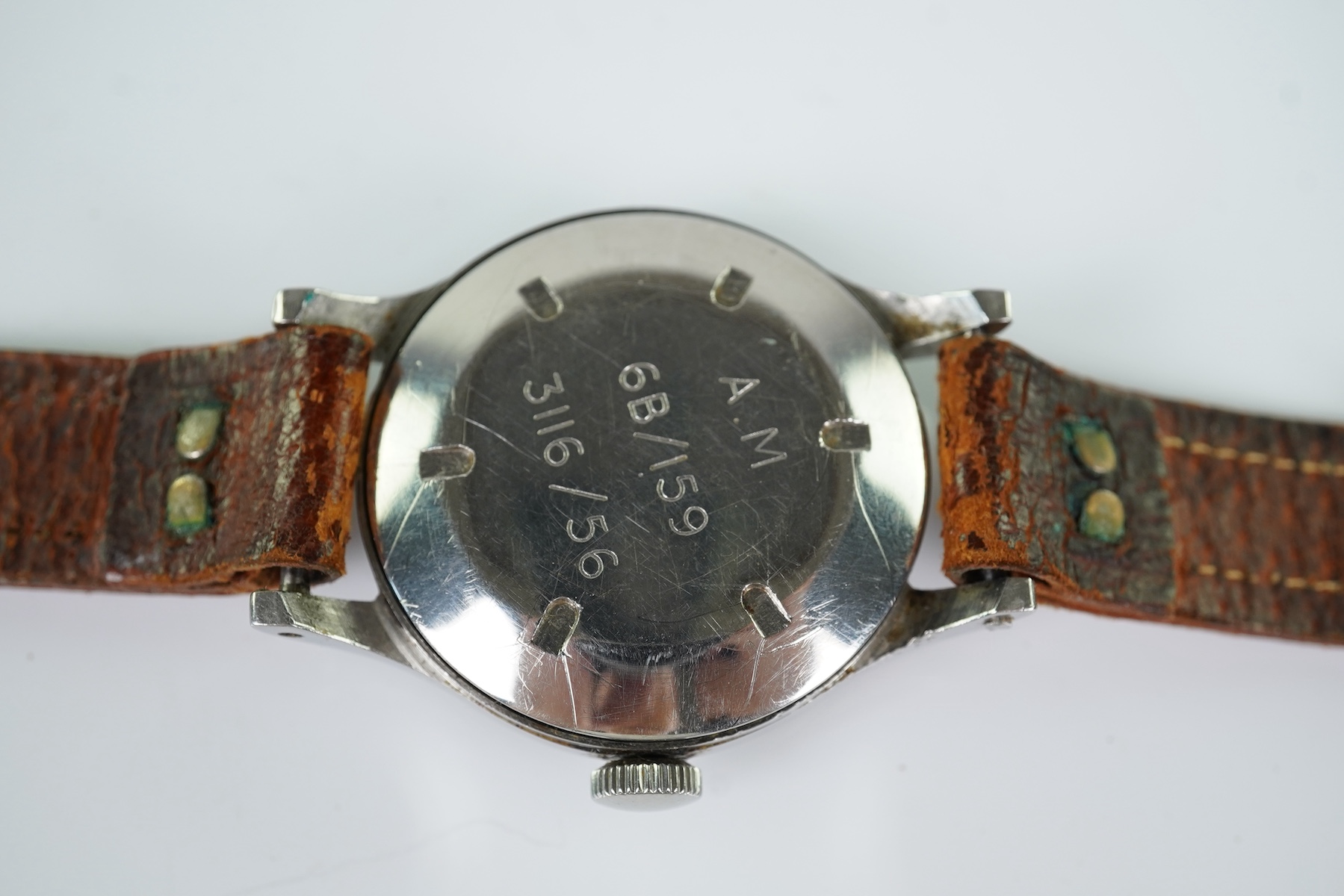 A gentleman's steel Longines R.A.F. Air Ministry Pilots/Navigators manual wind wrist watch, issued in 1956
